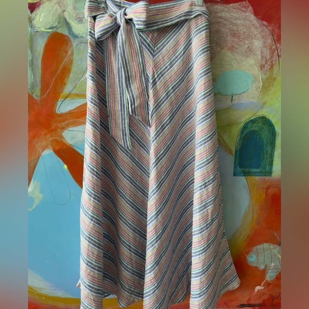 Talbots Skirt Size 4 Rainbow Chevron Linen Aline Midi Linen Blend Belted Waist